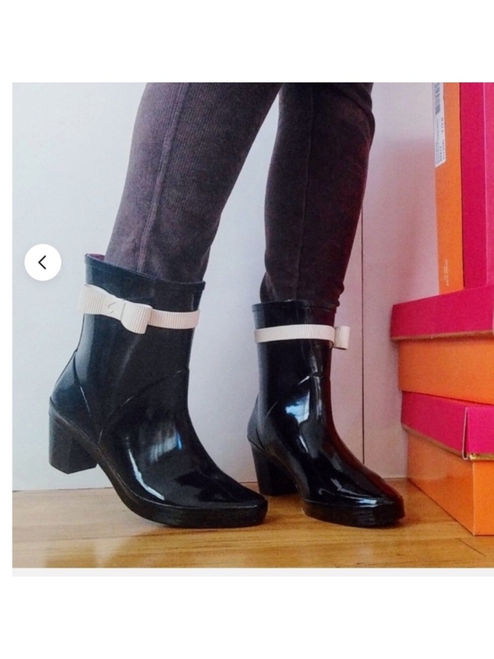 kate spade Black Gloss Ankle Rain Boots with Cream Bow Trim